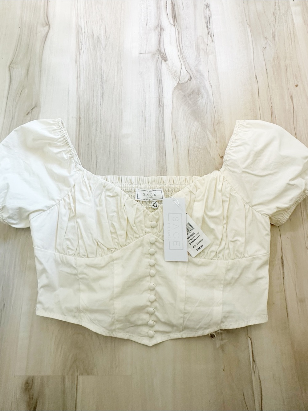 Sage Cream Puff Sleeve Button-Front Crop Top